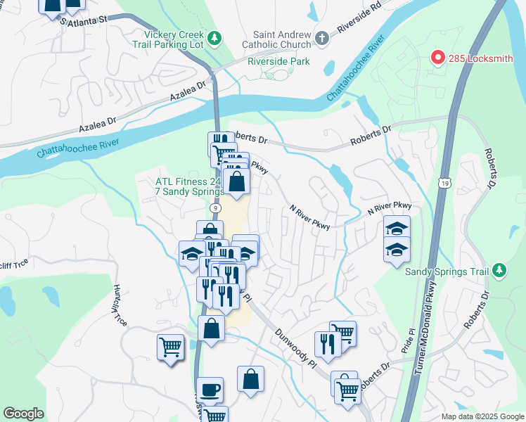 map of restaurants, bars, coffee shops, grocery stores, and more near 100 Greyfield Lane in Sandy Springs