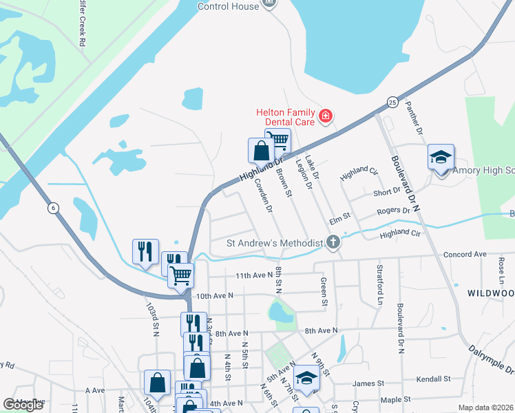 map of restaurants, bars, coffee shops, grocery stores, and more near 1217 Cowden Drive in Amory