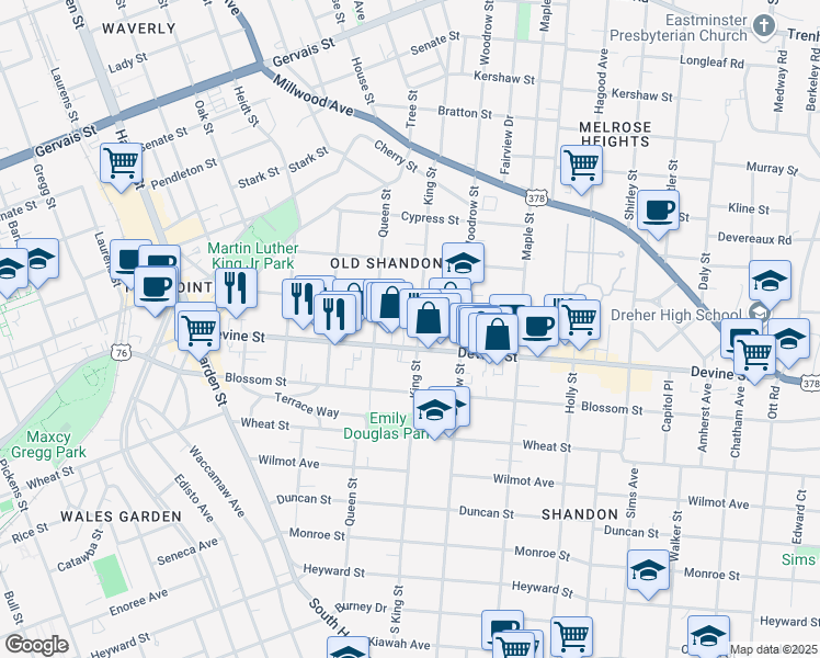 map of restaurants, bars, coffee shops, grocery stores, and more near 719 King Street in Columbia
