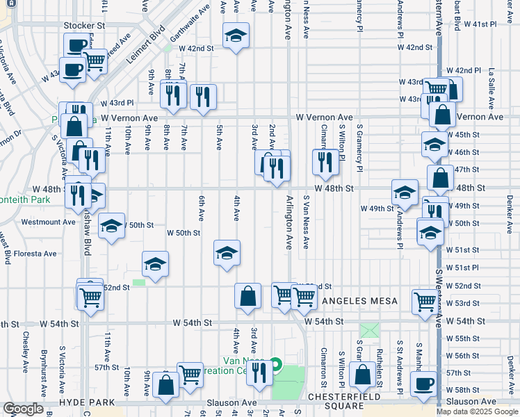 map of restaurants, bars, coffee shops, grocery stores, and more near 4832 3rd Avenue in Los Angeles