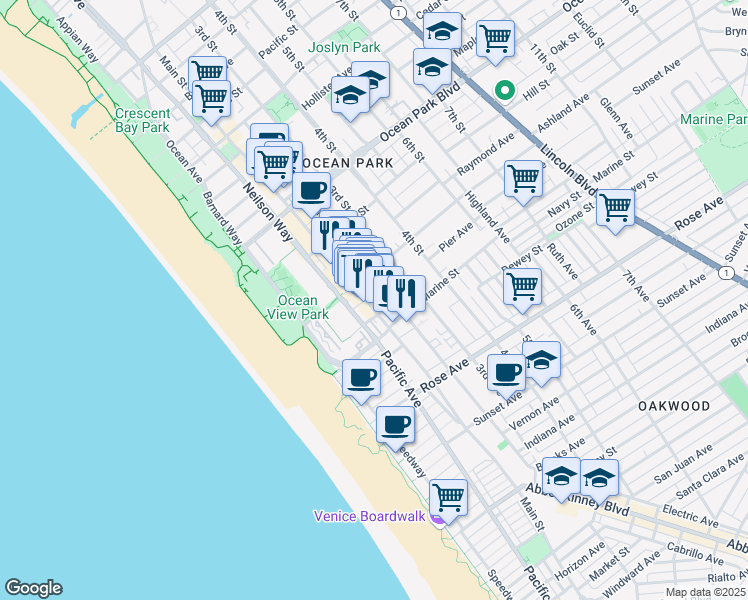 map of restaurants, bars, coffee shops, grocery stores, and more near in Santa Monica