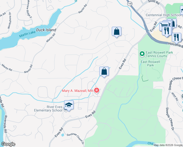 map of restaurants, bars, coffee shops, grocery stores, and more near 510 Bellfield Court in Roswell