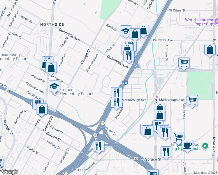 map of restaurants, bars, coffee shops, grocery stores, and more near 1516 Marsh Way in Riverside
