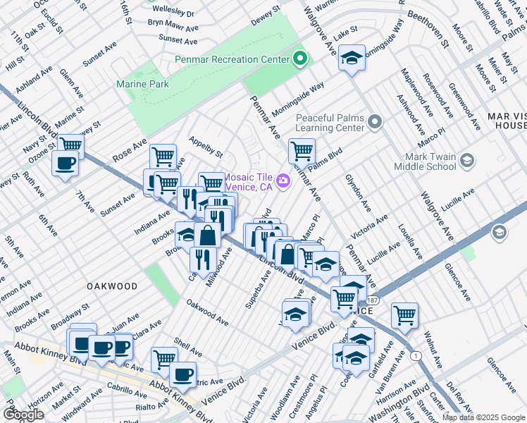 map of restaurants, bars, coffee shops, grocery stores, and more near 1065 Palms Boulevard in Los Angeles