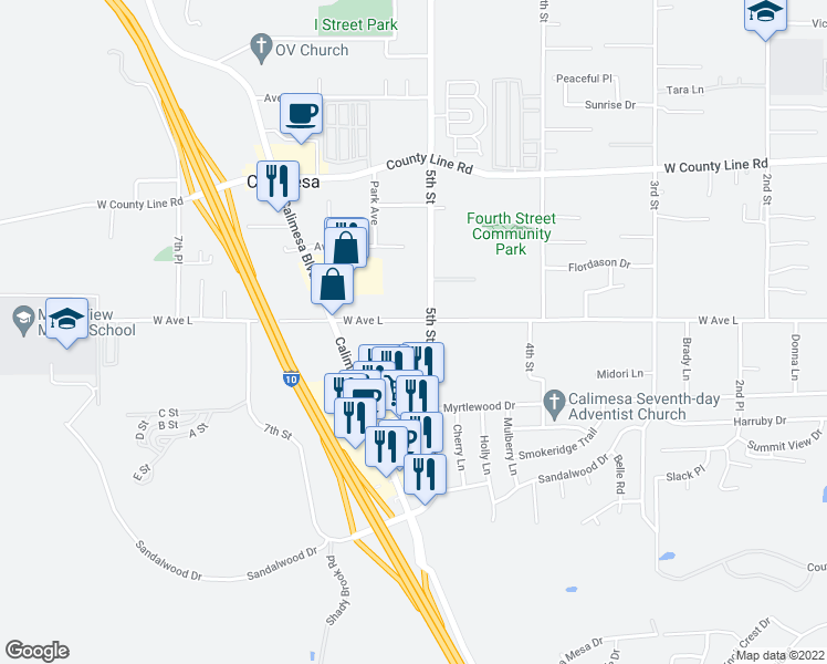 map of restaurants, bars, coffee shops, grocery stores, and more near 515 West Avenue L in Calimesa