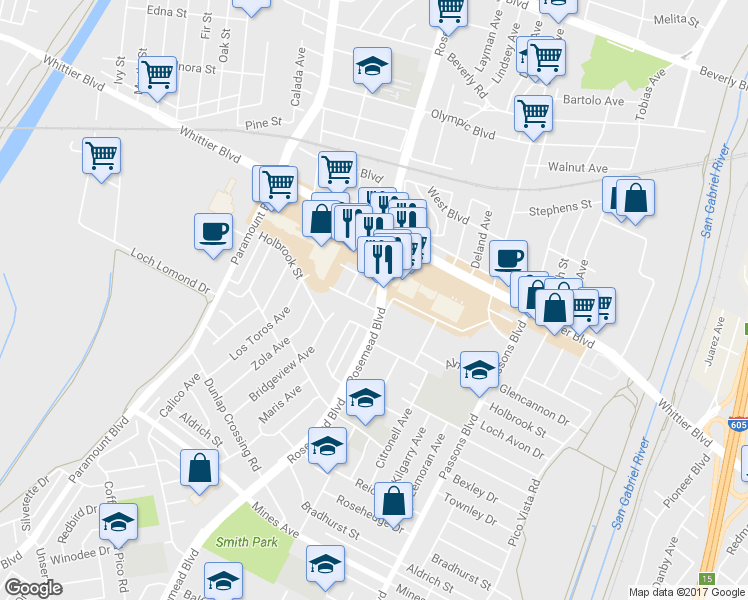 map of restaurants, bars, coffee shops, grocery stores, and more near 5134 Richmond Dr in Pico Rivera