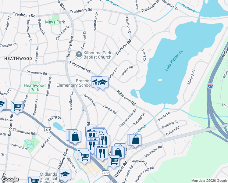 map of restaurants, bars, coffee shops, grocery stores, and more near 4710 Kilbourne Road in Columbia