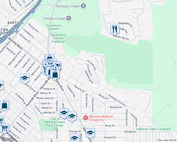 map of restaurants, bars, coffee shops, grocery stores, and more near 11838 North Circle Drive in Whittier