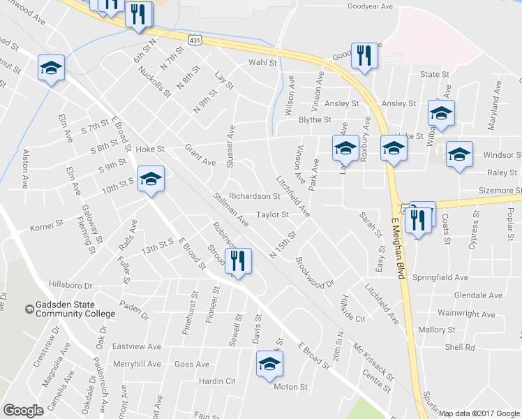 map of restaurants, bars, coffee shops, grocery stores, and more near 338 Taylor Street in Gadsden