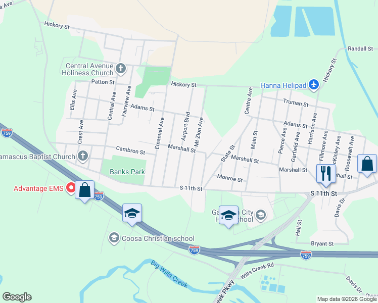 map of restaurants, bars, coffee shops, grocery stores, and more near 1801 Mount Zion Avenue in Gadsden