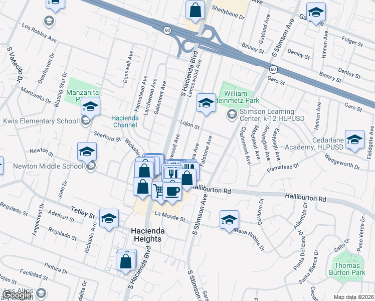 map of restaurants, bars, coffee shops, grocery stores, and more near 1831 Olympus Avenue in Hacienda Heights