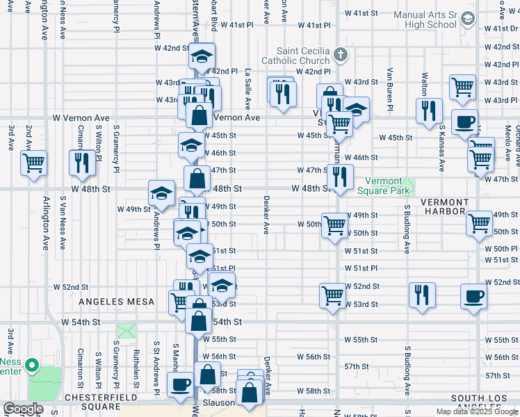 map of restaurants, bars, coffee shops, grocery stores, and more near 1544 West 49th Street in Los Angeles