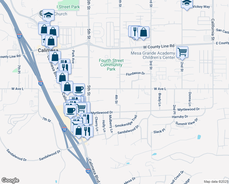 map of restaurants, bars, coffee shops, grocery stores, and more near 1060 4th Street in Calimesa