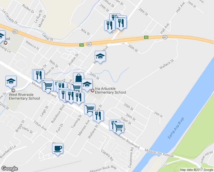 map of restaurants, bars, coffee shops, grocery stores, and more near 5476 34th Street in Riverside