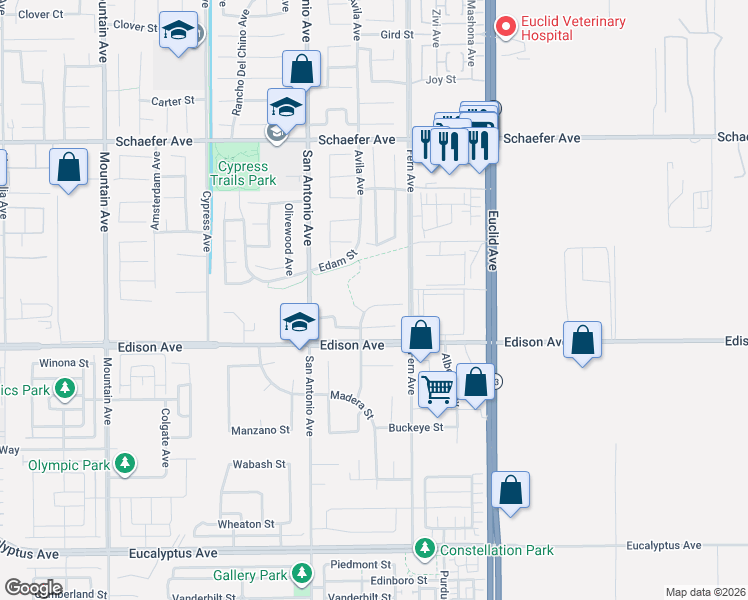 map of restaurants, bars, coffee shops, grocery stores, and more near 6836 Stone Pine Court in Chino