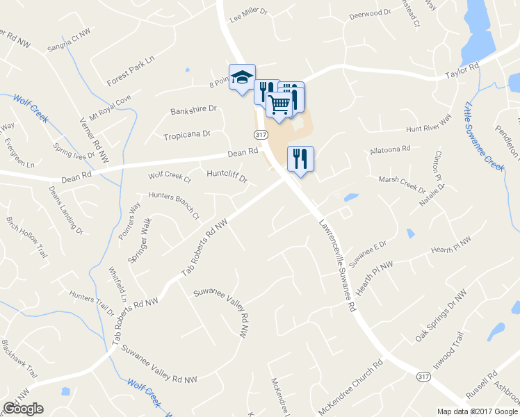 map of restaurants, bars, coffee shops, grocery stores, and more near 684 Tab Roberts Road Northwest in Lawrenceville