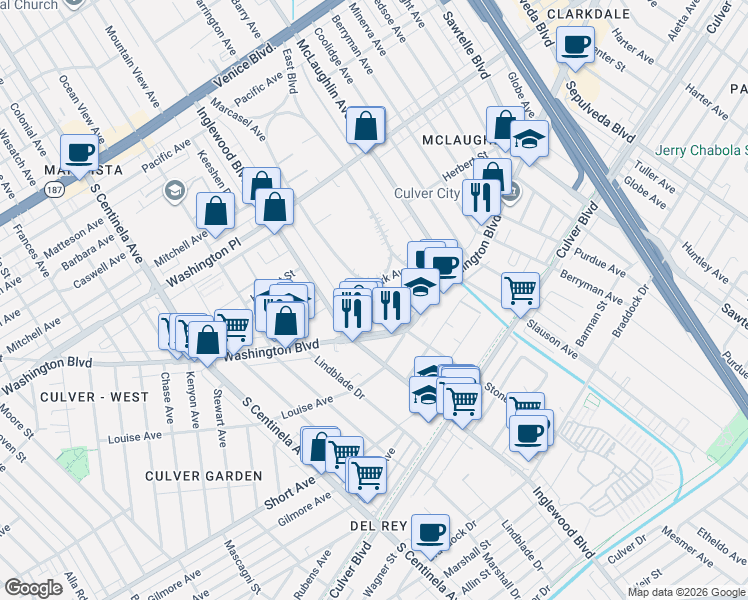 map of restaurants, bars, coffee shops, grocery stores, and more near 11906 South Park Avenue in Los Angeles
