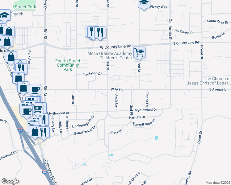 map of restaurants, bars, coffee shops, grocery stores, and more near 1052 Brady Lane in Calimesa