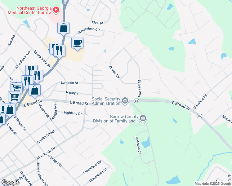 map of restaurants, bars, coffee shops, grocery stores, and more near 8 Candlewood Terrace Northeast in Winder