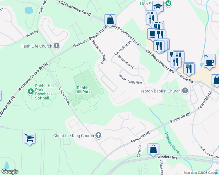 map of restaurants, bars, coffee shops, grocery stores, and more near 2015 Beckenham Walk Lane in Dacula