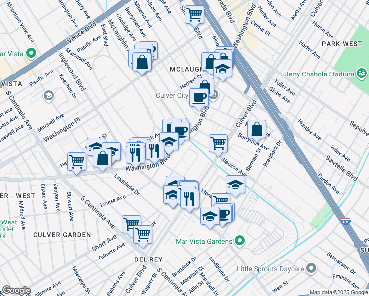 map of restaurants, bars, coffee shops, grocery stores, and more near 11737 Courtleigh Drive in Los Angeles