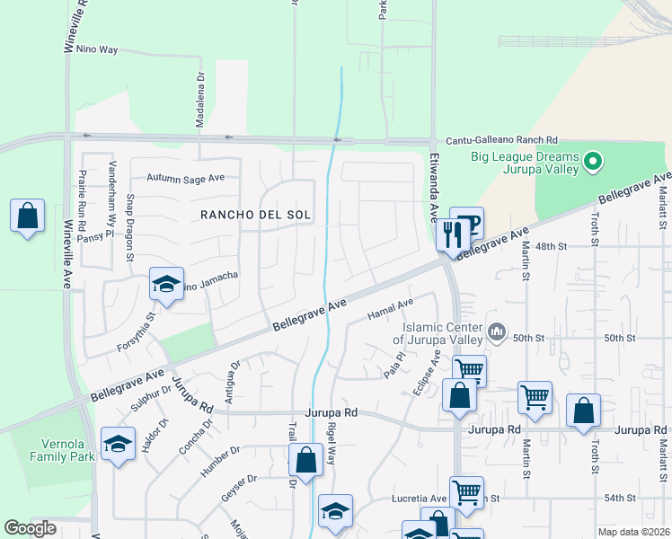 map of restaurants, bars, coffee shops, grocery stores, and more near 11234 Owen Court in Jurupa Valley