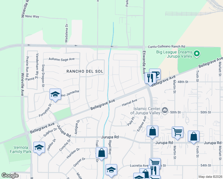 map of restaurants, bars, coffee shops, grocery stores, and more near 11234 Owen Court in Jurupa Valley