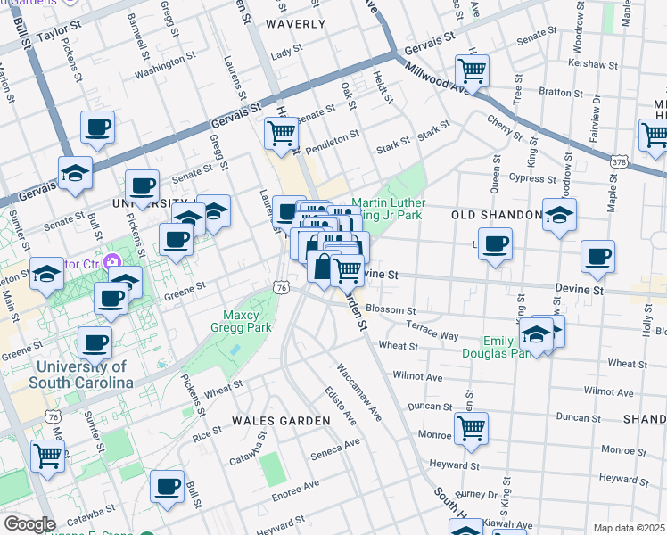 map of restaurants, bars, coffee shops, grocery stores, and more near 707 Harden Street in Columbia