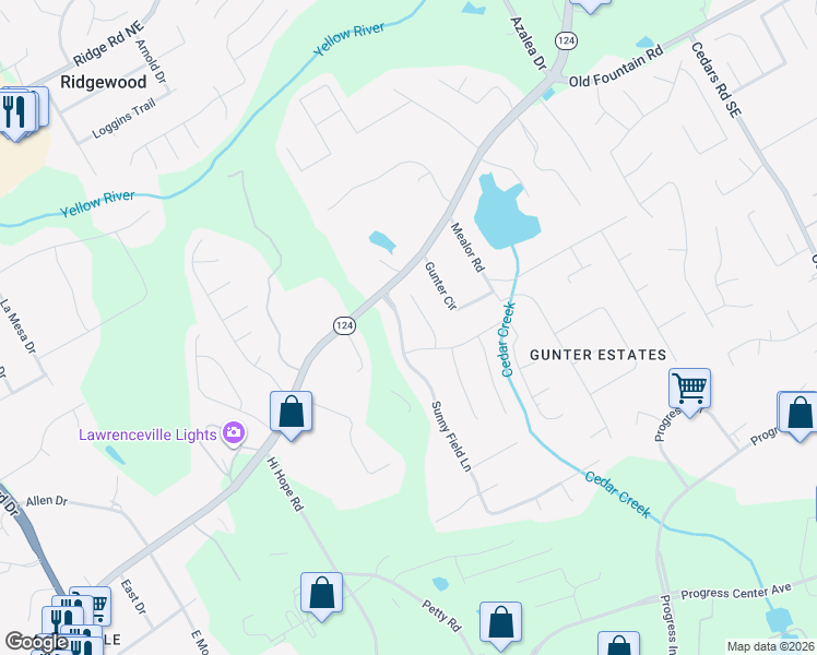 map of restaurants, bars, coffee shops, grocery stores, and more near 1159 Sunny Field Lane in Lawrenceville