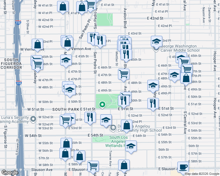 map of restaurants, bars, coffee shops, grocery stores, and more near 461 E 49th St in Los Angeles