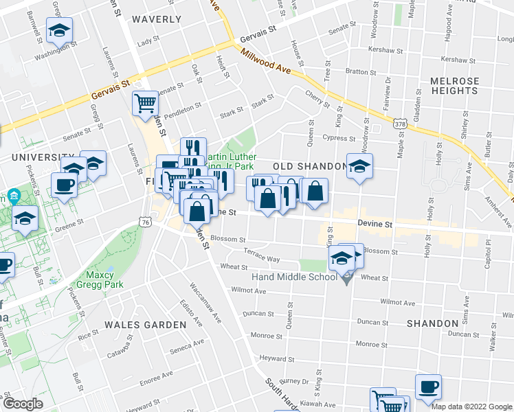 map of restaurants, bars, coffee shops, grocery stores, and more near 2301 Devine Street in Columbia