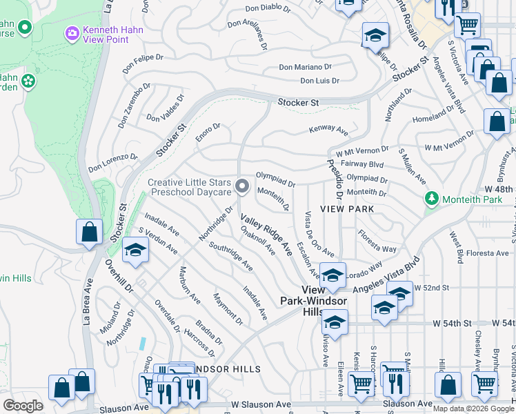 map of restaurants, bars, coffee shops, grocery stores, and more near 4094 Athenian Way in View Park-Windsor Hills