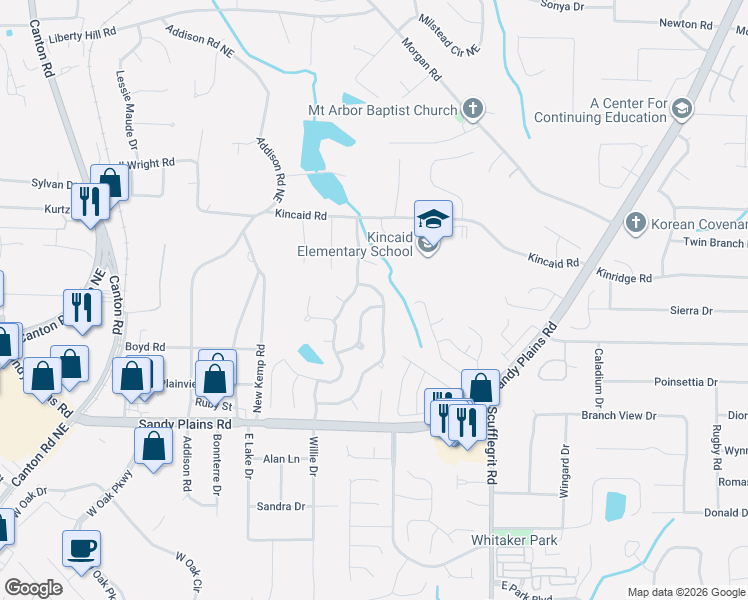 map of restaurants, bars, coffee shops, grocery stores, and more near 1263 Nottoway Trail in Marietta