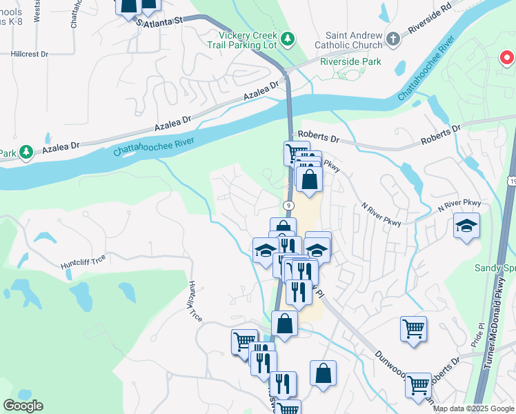 map of restaurants, bars, coffee shops, grocery stores, and more near 1207 Huntcliff Village Court in Sandy Springs