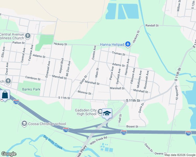 map of restaurants, bars, coffee shops, grocery stores, and more near 1604 Main Street in Gadsden