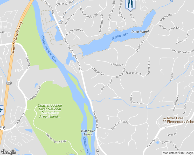 map of restaurants, bars, coffee shops, grocery stores, and more near 110 River Ridge Court in Roswell