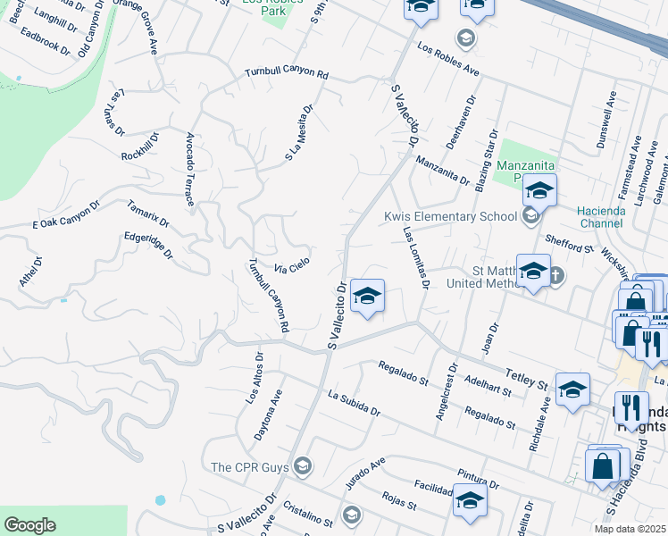 map of restaurants, bars, coffee shops, grocery stores, and more near 15477 East Skyline Drive in Hacienda Heights