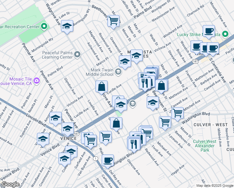 map of restaurants, bars, coffee shops, grocery stores, and more near 3761 Ashwood Avenue in Los Angeles