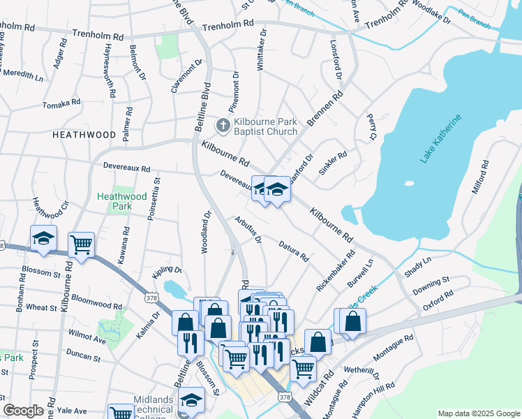 map of restaurants, bars, coffee shops, grocery stores, and more near 4438 Devereaux Road in Columbia
