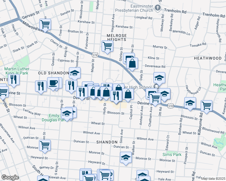 map of restaurants, bars, coffee shops, grocery stores, and more near 729 Olive Street in Columbia