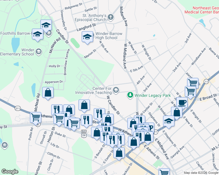 map of restaurants, bars, coffee shops, grocery stores, and more near 226 James Street in Winder