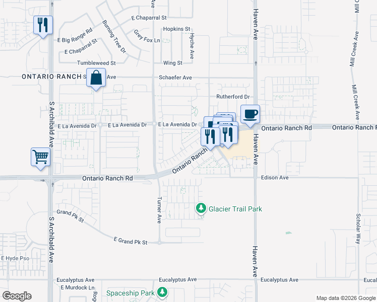 map of restaurants, bars, coffee shops, grocery stores, and more near 3180 East Yountville Drive in Ontario