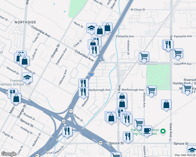 map of restaurants, bars, coffee shops, grocery stores, and more near 2036 Milton Street in Riverside
