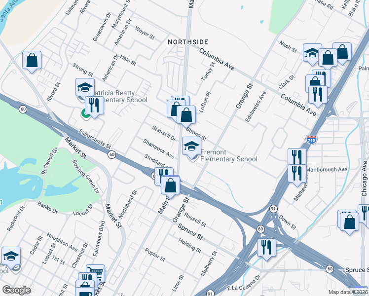 map of restaurants, bars, coffee shops, grocery stores, and more near 1845 Main Street in Riverside