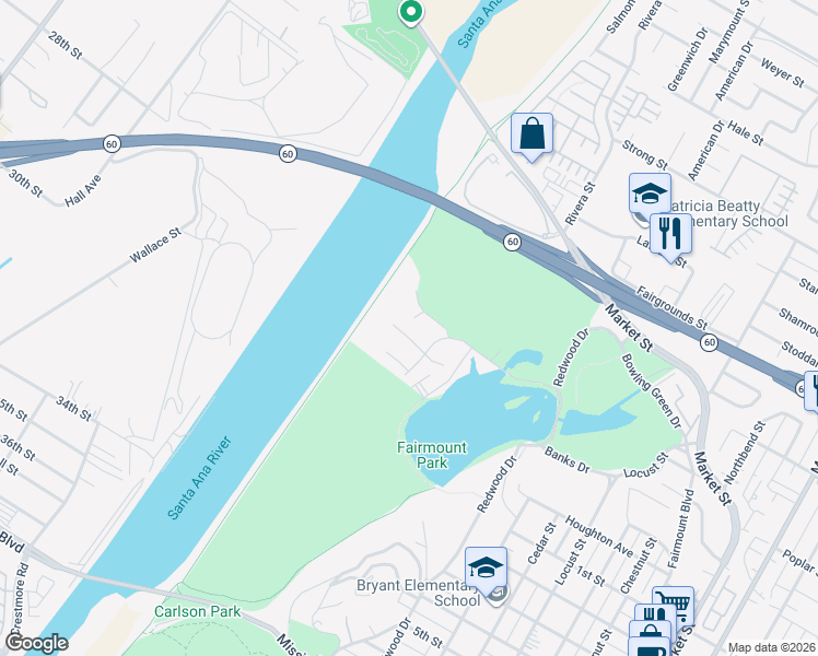 map of restaurants, bars, coffee shops, grocery stores, and more near 4700 Circle Lazy J Road in Riverside