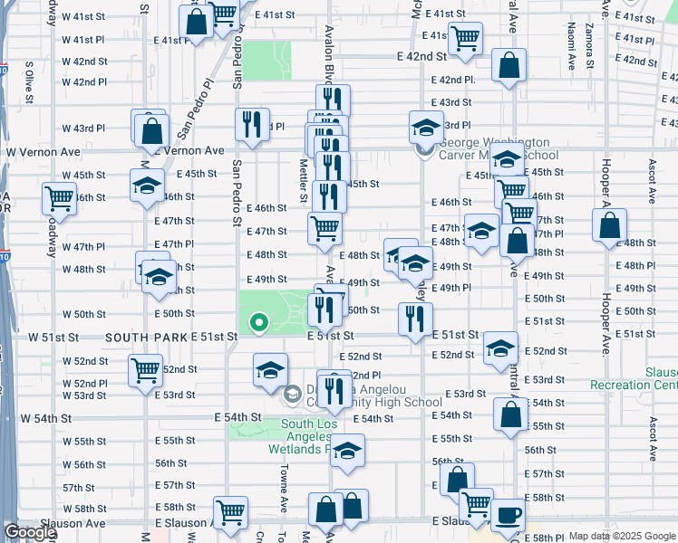 map of restaurants, bars, coffee shops, grocery stores, and more near 627 East 49th Street in Los Angeles