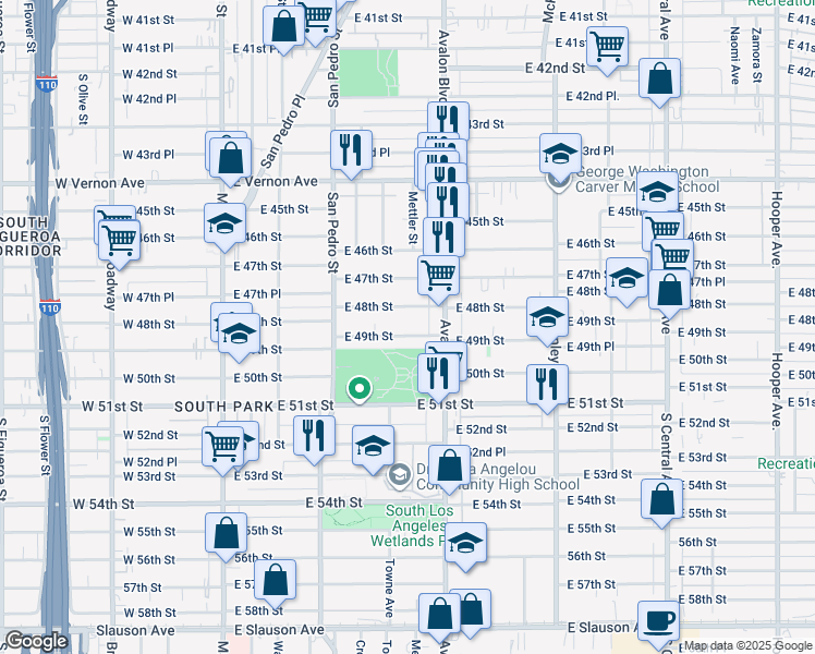 map of restaurants, bars, coffee shops, grocery stores, and more near 515 East 49th Street in Los Angeles