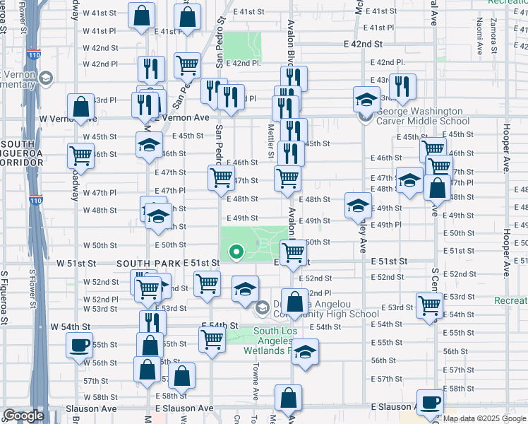 map of restaurants, bars, coffee shops, grocery stores, and more near 461 East 49th Street in Los Angeles