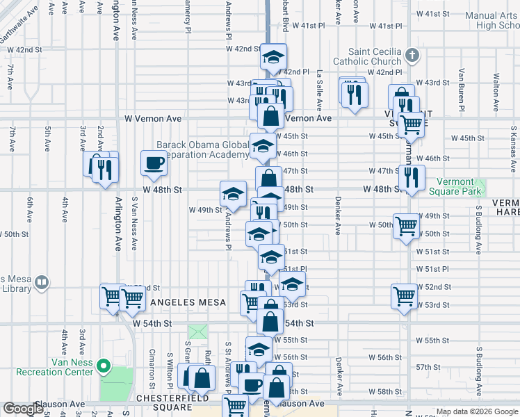 map of restaurants, bars, coffee shops, grocery stores, and more near 1708 West 49th Street in Los Angeles