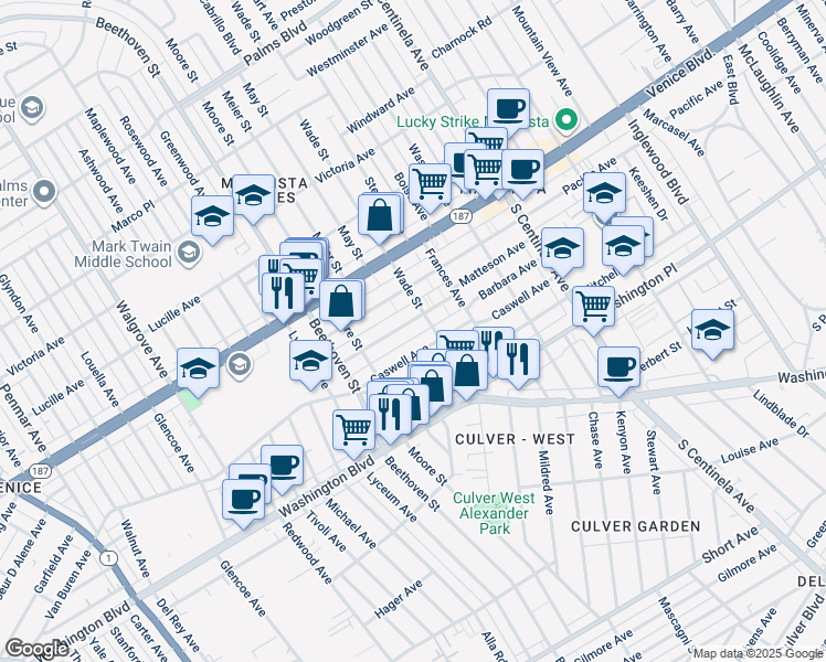 map of restaurants, bars, coffee shops, grocery stores, and more near 12720 Matteson Avenue in Los Angeles